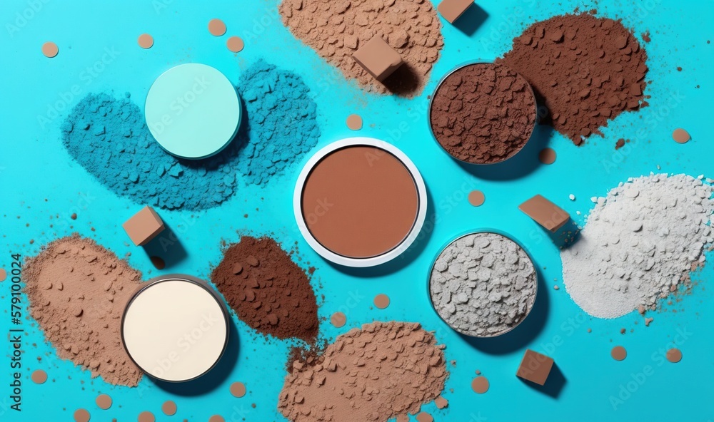 Poster a group of different colored powders on a blue background with a blue background and brown and white