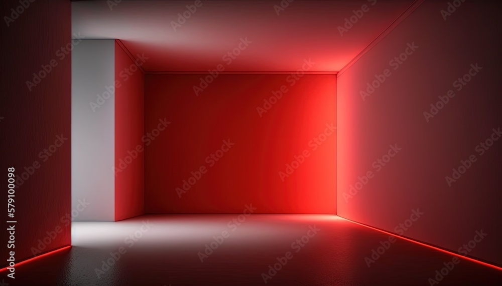 Poster an empty room with a red light coming from the end of the room and a red light coming from the end o