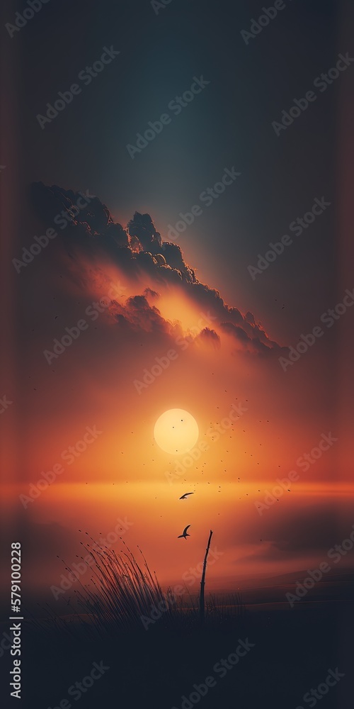 Poster a sunset with a bird flying in the sky and a bird flying in the foreground with the sun in the dista