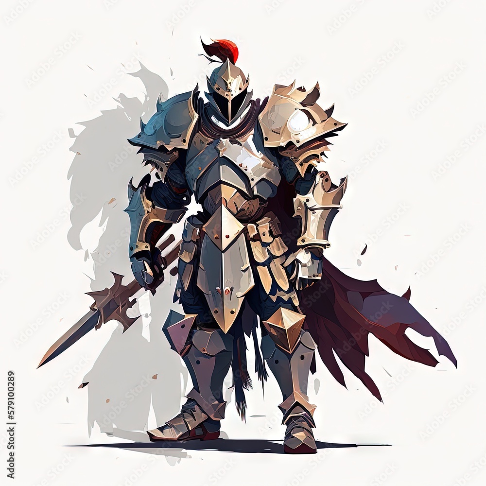 Poster a man in armor with a sword and a helmet on his head, standing in front of a white background with a