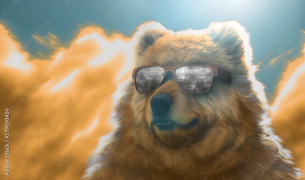 Poster a bear wearing sunglasses with a sky in the background and clouds in the foreground with a sunbeam i