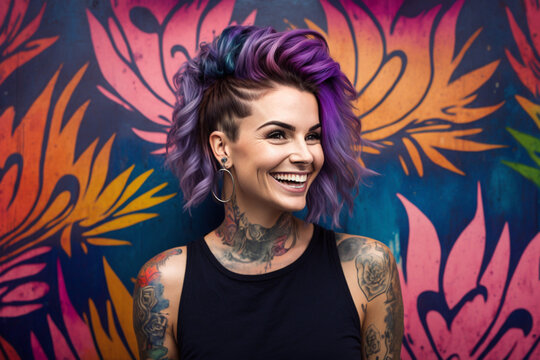 portrait of a tattooed woman on colorful background