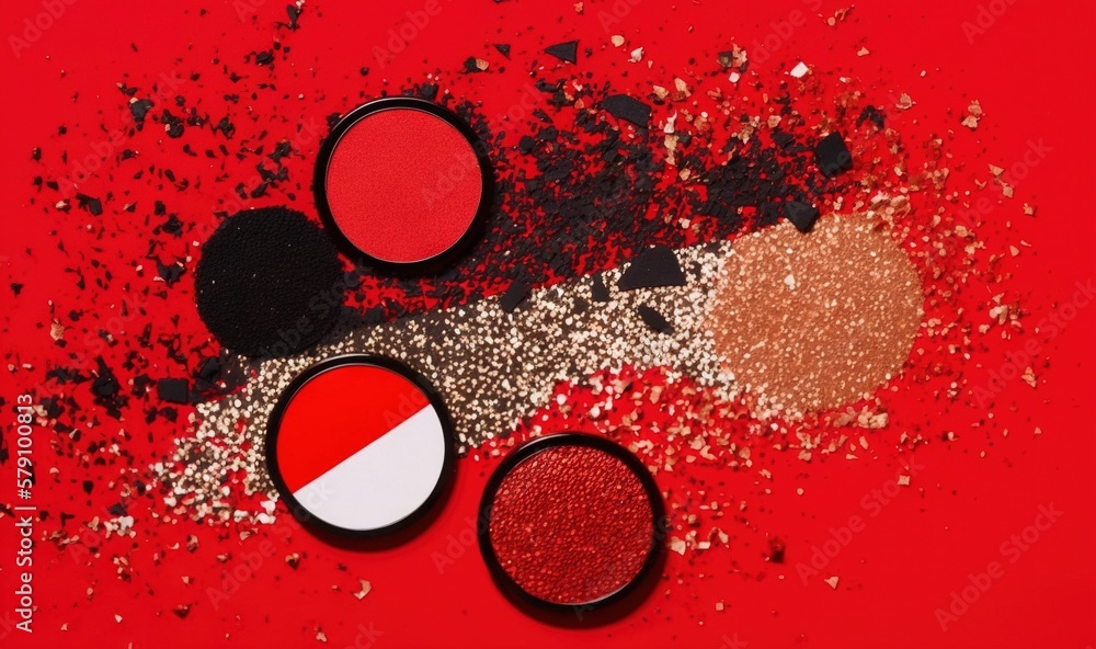 Poster three different colored eyeshades on a red surface with a white and black stripe on the bottom of th