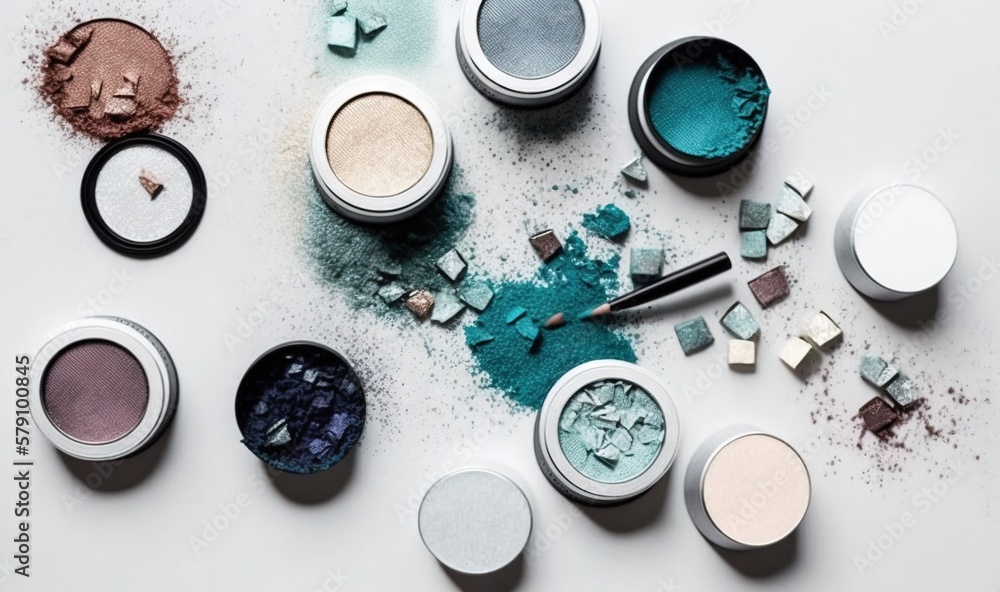 Poster a group of different colored powders sitting on top of a white table next to a brush and a container