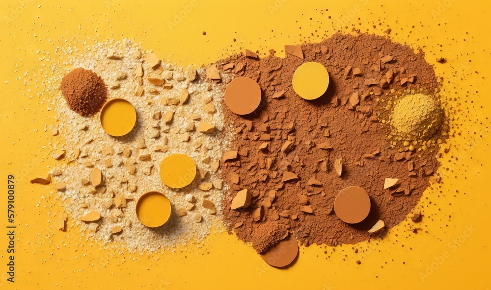 Poster  a yellow background with two different types of powdered chocolates and powdered coffee beans on it, and a yellow background with two different types of powdered chocolates on it.  generative ai