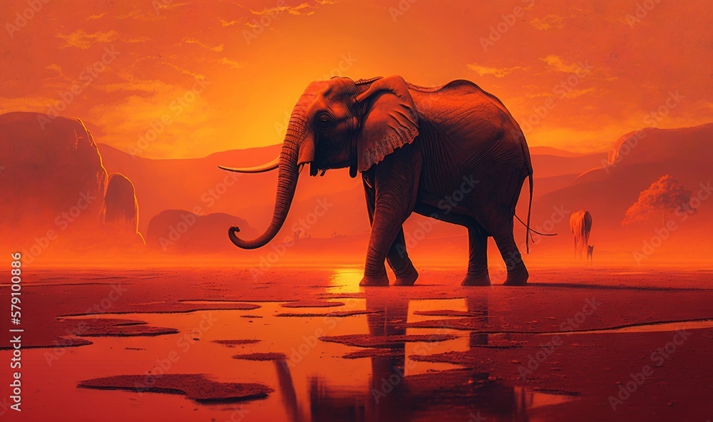 Aufkleber an elephant standing on a wet surface in front of an orange sky with clouds and mountains in the bac