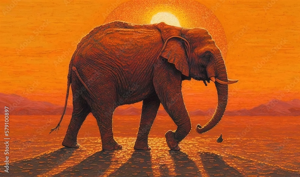 Aufkleber a painting of an elephant walking across a field with a sunset in the backgrouund of the picture and