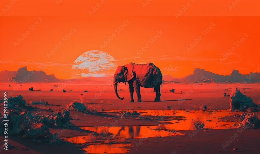 Poster an elephant is standing in the middle of a desert with a bright orange sky in the background and wat