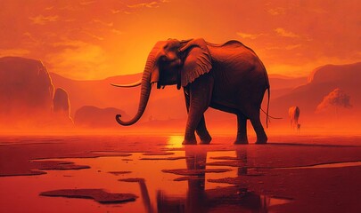  an elephant standing on a wet surface in front of an orange sky with clouds and mountains in the background, with a bright orange sky and red hued background.  generative ai