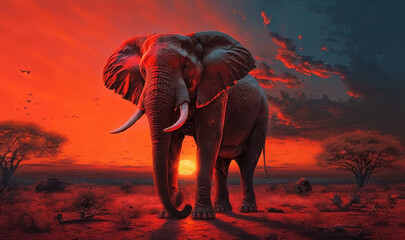  a painting of an elephant standing in a field at sunset with a red sky in the background and birds in the foreground, and a red sky with a few clouds.  generative ai