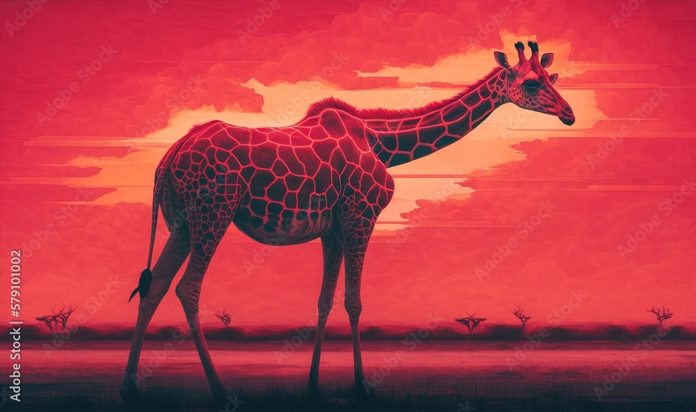 Poster a painting of a giraffe standing in front of a red sky with a few clouds in the background and a few