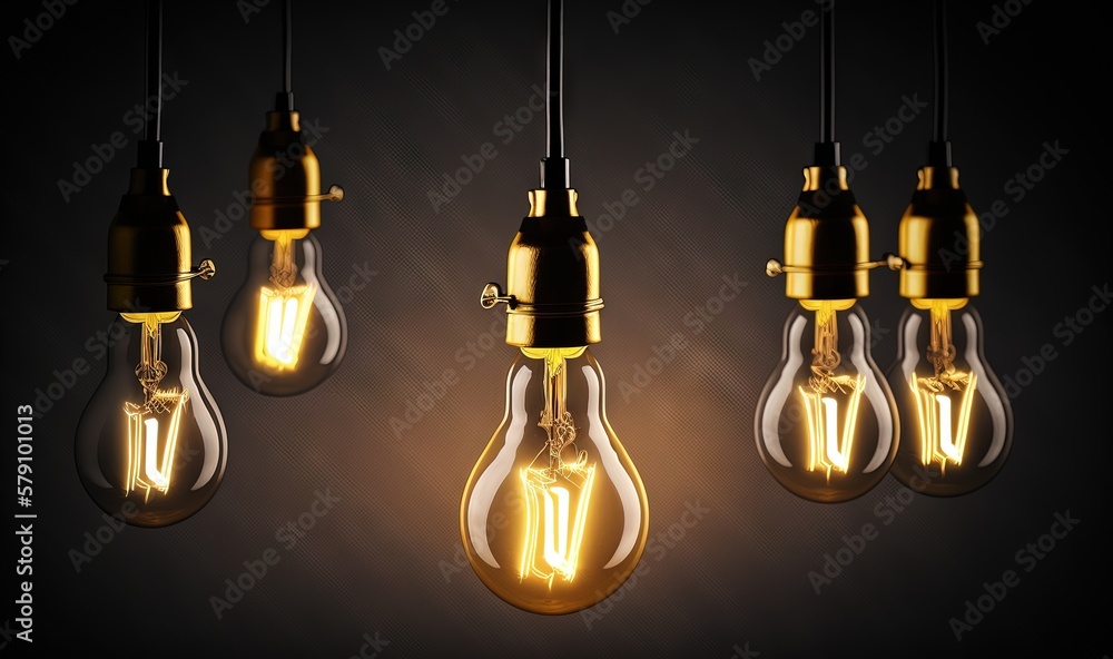 Poster a group of light bulbs hanging from a ceiling in a dark room with one light turned on and the other 