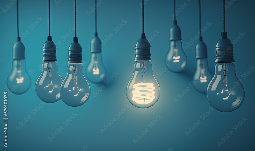 Poster a group of light bulbs hanging from a line of wires with a light bulb in the middle of the row of th