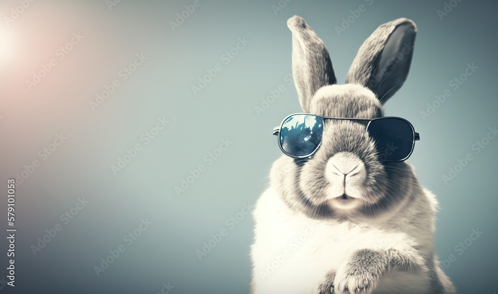 Poster a rabbit with sunglasses on its head and a blue background with a blurry image of a rabbit wearing s