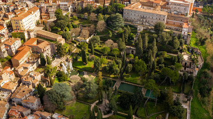 Aerial view of the Villa d'Este in Tivoli, near Rome, Italy. It is an Italian Renaissance villa with large gardens famous for its fountains and waterfall. It is listed as a World Heritage Sites.