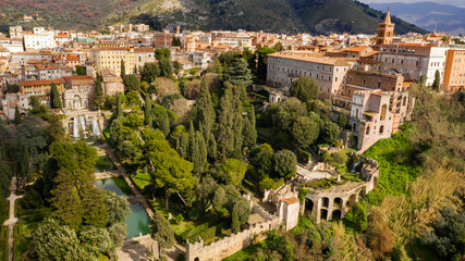 Aerial view of the Villa d'Este in Tivoli, near Rome, Italy. It is an Italian Renaissance villa with large gardens famous for its fountains and waterfall. It is listed as a World Heritage Sites.