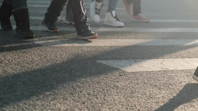 Pedestrians crossing the road at a pedestrian crossing in a crowded place