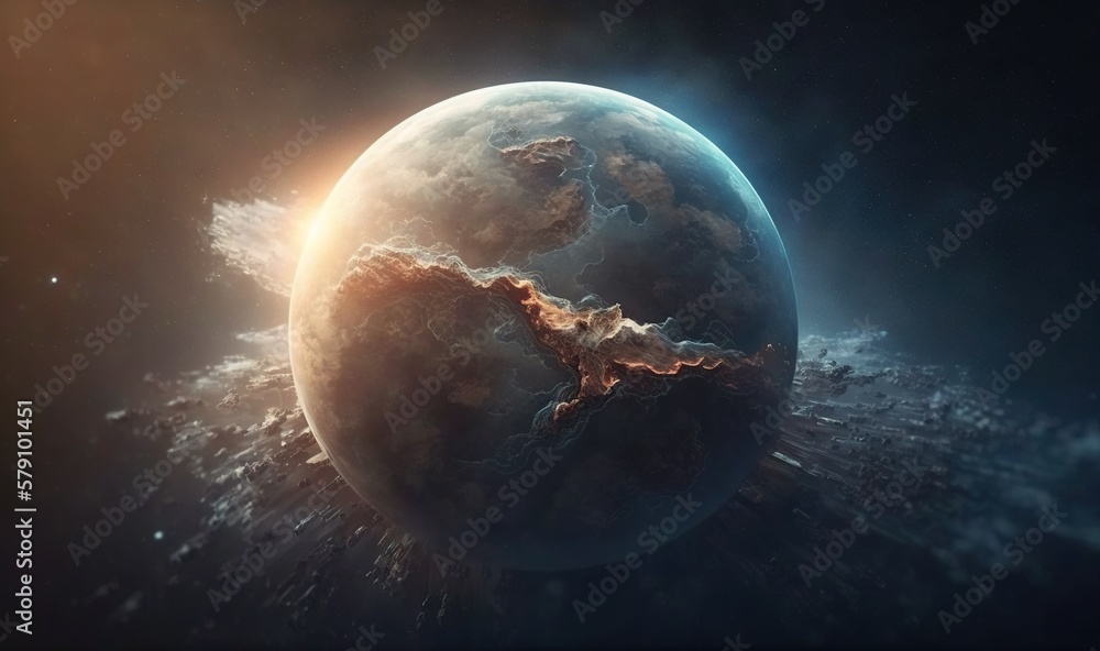 Poster an image of a planet in space with a bright light coming out of the center of it's atmosphere and cl