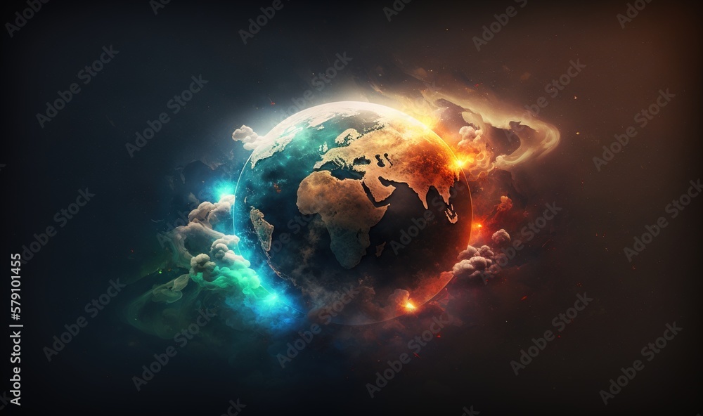 Poster a picture of the earth in space with a lot of clouds around it and a bright light coming out of the 