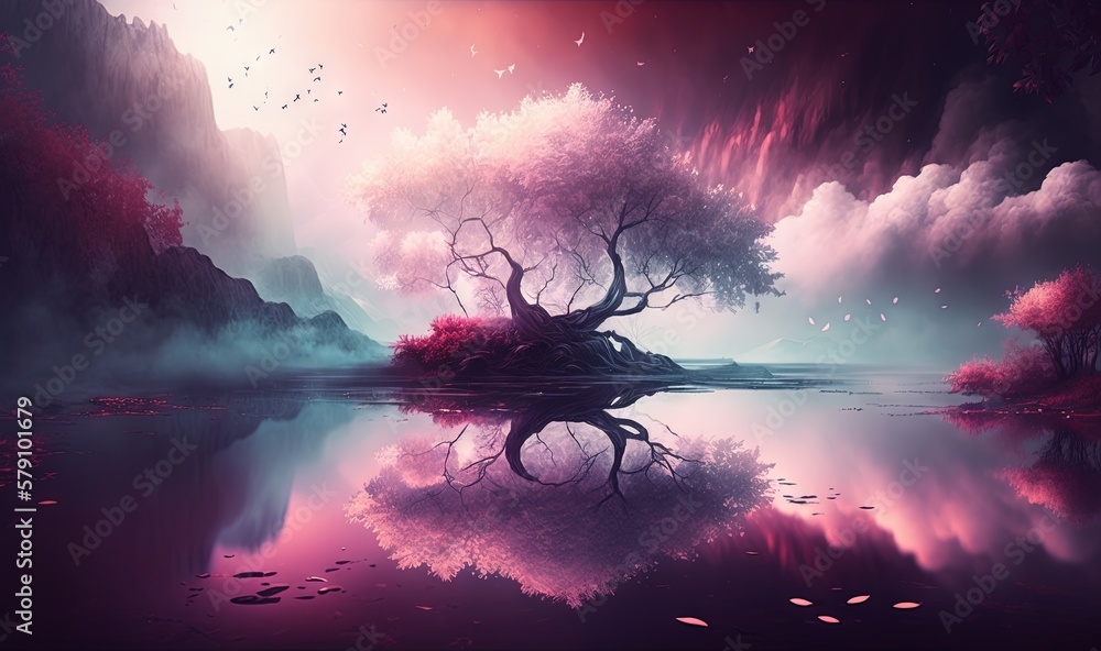 Aufkleber a painting of a lake with a tree in the middle of it and a sky filled with clouds and stars in the b