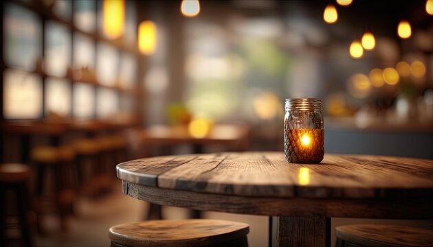  a mason jar sitting on top of a wooden table in a room filled with chairs and tables with lights hanging from the ceiling and a wooden table.  generative ai