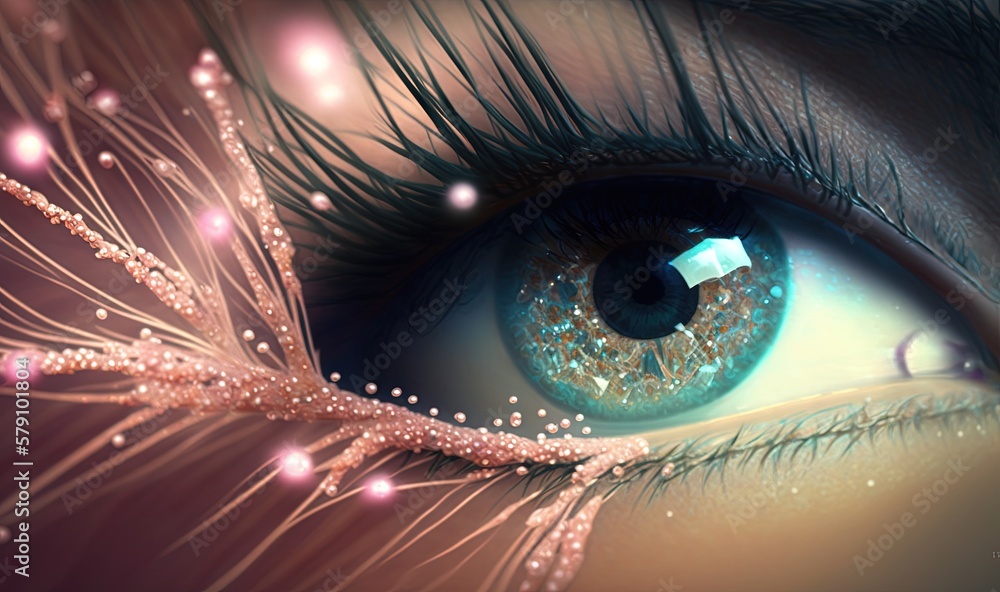 Poster a close up of a person's eye with a feather in the iris of the iris of the eye and a sparkley feathe
