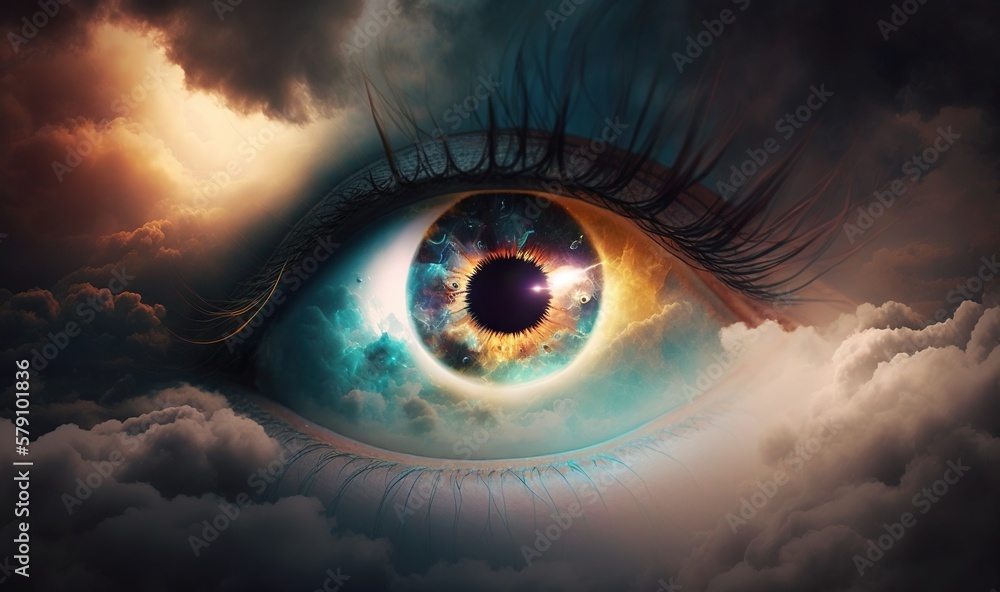 Poster a close up of an eye in the sky with clouds and clouds around it, with a bright blue iris in the cen