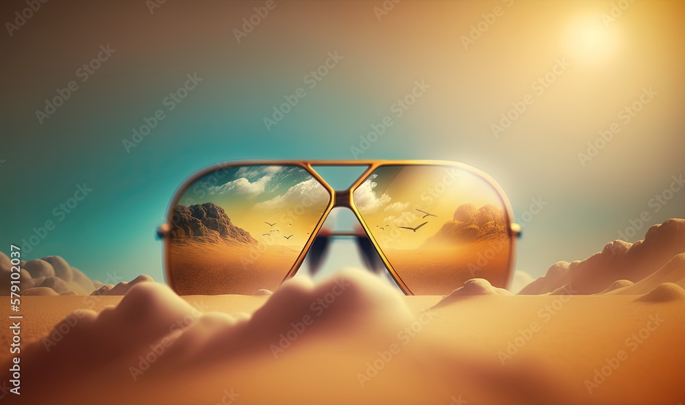 Wall mural a pair of sunglasses sitting on top of a desert covered in clouds and birds in the sky, with the ref