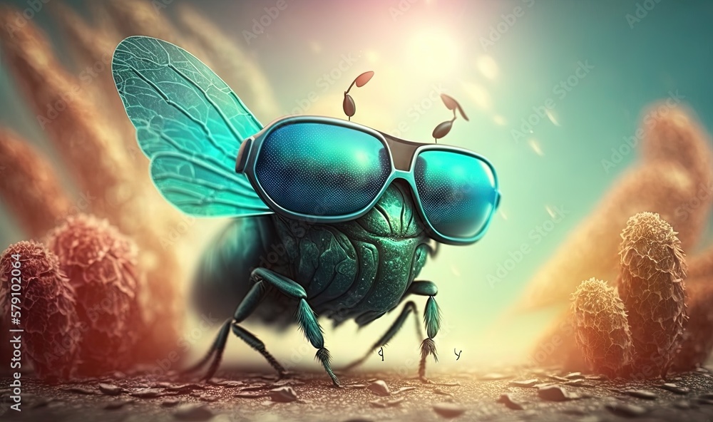 Poster a fly insect with sunglasses on its face and a desert background with trees and rocks in the backgro