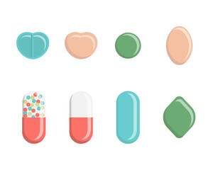 Set of pill flat icon isolated on white background. Medicines of different shapes and colors. Vector illustration. Hospital, prescription of medicines