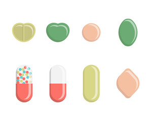 Set of pill flat icon isolated on white background. Medicines of different shapes and colors. Vector illustration. Hospital, prescription of medicines