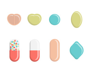 Set of pill flat icon isolated on white background. Medicines of different shapes and colors. Vector illustration. Hospital, prescription of medicines