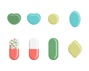 Set of pill flat icon isolated on white background. Medicines of different shapes and colors. Vector illustration. Hospital, prescription of medicines