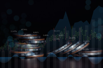 Business finance and investment concept, Capital gain world money economic growth. coin stack financial graph chart, market report on cash currency concept...