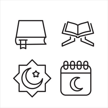 Ramadan icon set with islamic calendar, fasting, holy book, crescent