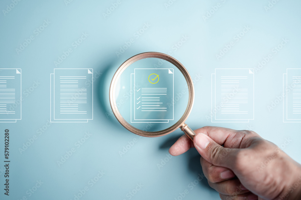 Fototapete Document Management System Checking, online documentation database and process automation to efficiently manage files, knowledge and documentation in enterprise. Corporate business technology, DMS