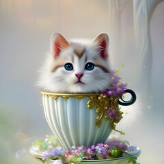 Kotek w filiżance do herbaty. Mały puszysty kotek z niebieskimi oczkami, piękna filiżanka przyozdobiona kwiatkami. - obrazy, fototapety, plakaty