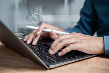 Businessman using laptop computer for Search Data Search Technology Search Engine Optimization. Man use computer to Searching for information. Using Search Console for data.