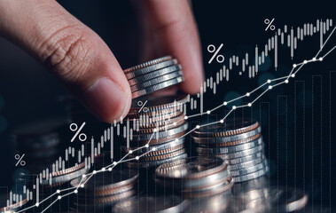 Business finance and investment concept, Capital gain world money economic growth. coin stack financial graph chart, market report on cash currency concept...