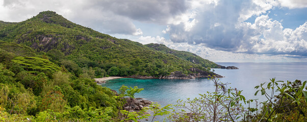 Panoramic view of Beach Anse Major (Mahe, Seychelles) from Point de Vue sur Anse Major