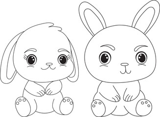 rabbits cartoon sketch coloring book, outline isolated, vector