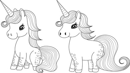 unicorns cartoon sketch coloring book, outline isolated, vector