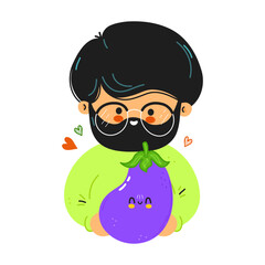 Young cute funny men hold eggplant in hand. Young boy hugs cute eggplant. Vector hand drawn doodle style cartoon character illustration icon design. Isolated on white background