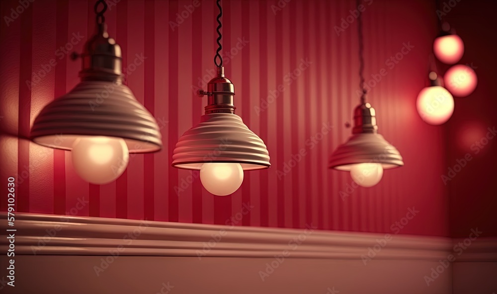 Poster a row of lights hanging from a red wall next to a red wall with striped wallpaper and red striped wa