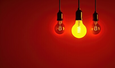  a group of three light bulbs hanging from a red wall with a red light in the middle of the bulb and a yellow light in the middle of the bulb.  generative ai