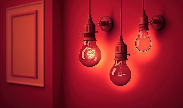  a red wall with three light bulbs hanging from it's sides and a picture frame on the wall behind them with a red light bulb.  generative ai