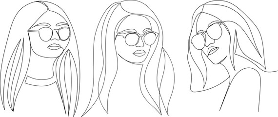 portrait of girls line drawing sketch, outline isolated, vector