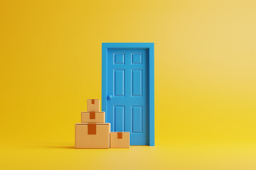 A group of cardboard boxes near the blue door on a yellow background. The concept of delivery, transportation and relocating. 3d render illustration