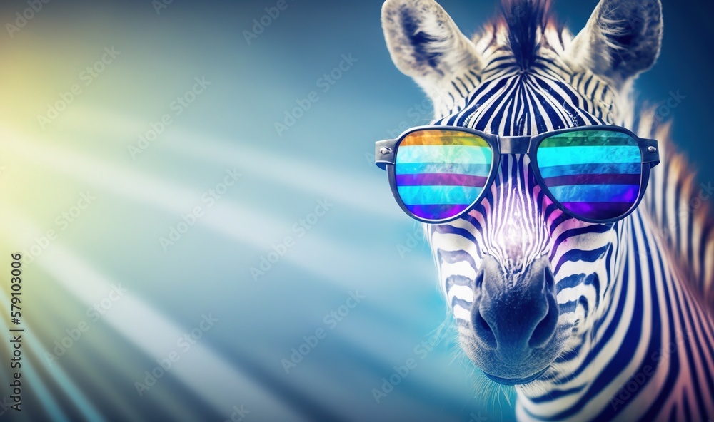 Poster a zebra with sunglasses on its head and a blue sky in the background with light rays coming through 