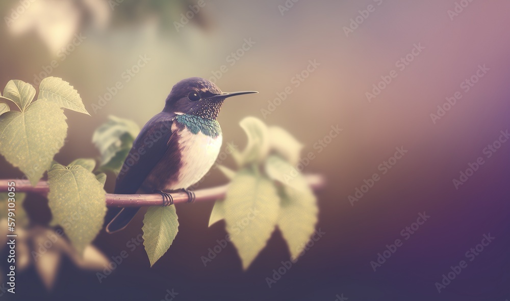 Poster a small bird sitting on a branch with green leaves on it's side and a blurry background of leaves on